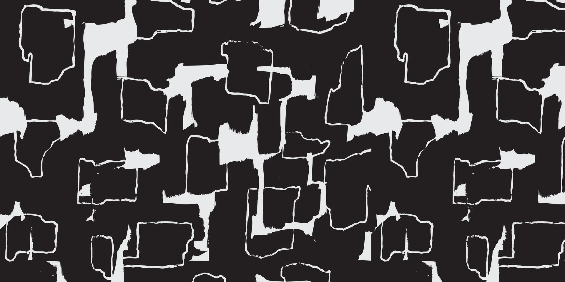 Bold hand drawn abstract pattern featuring irregular rectangular and block shapes in black and white contrast, tribal and ethnic handcrafted textured background, simple graphic for textile vector