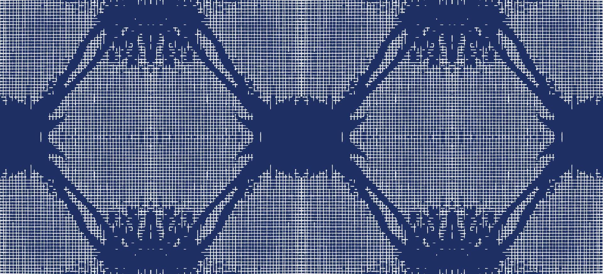 Hand drawn abstract seamless pattern inspired by traditional Shibori dyeing and Sashiko stitching, featuring geometric grids and indigo textures. Ideal for textiles, crafts, and modern prints. vector