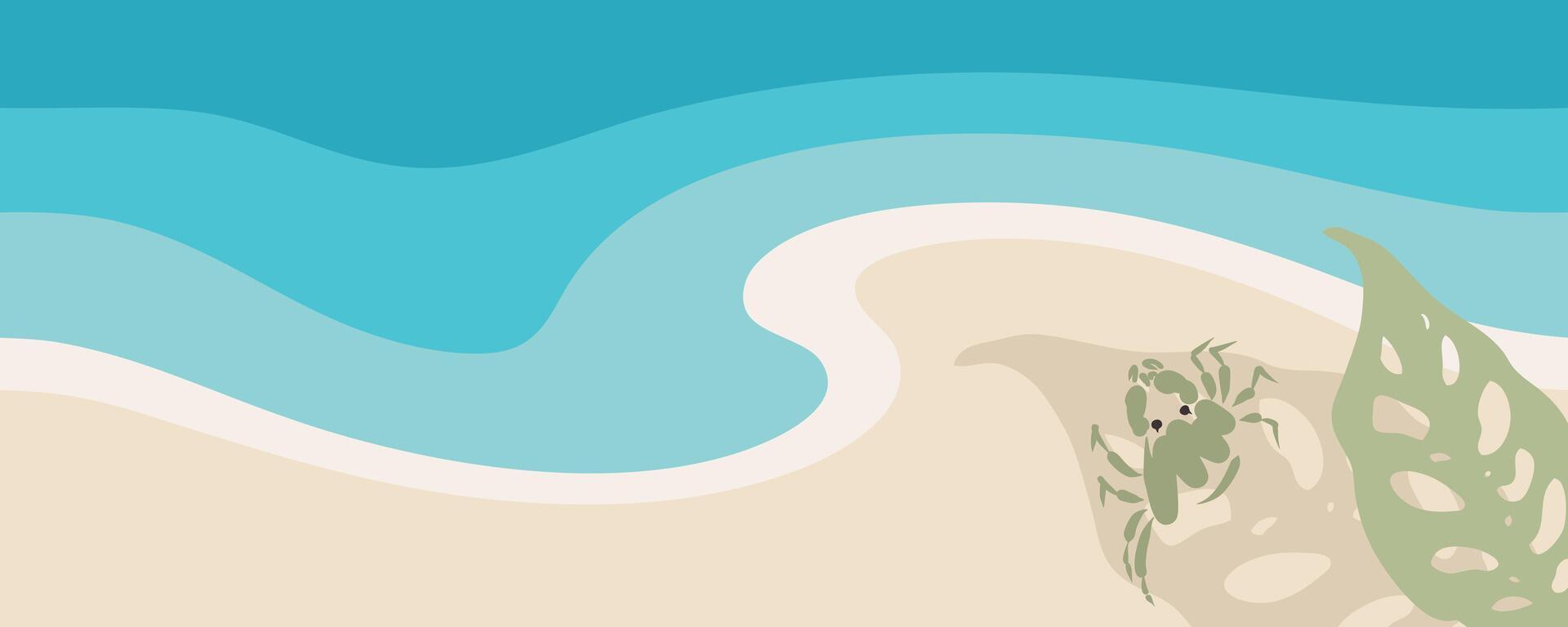 Sea beach horizontal banner with crab and leaf shadow. Design background template with aquatic animal and copy space. hand drawn illustration. vector