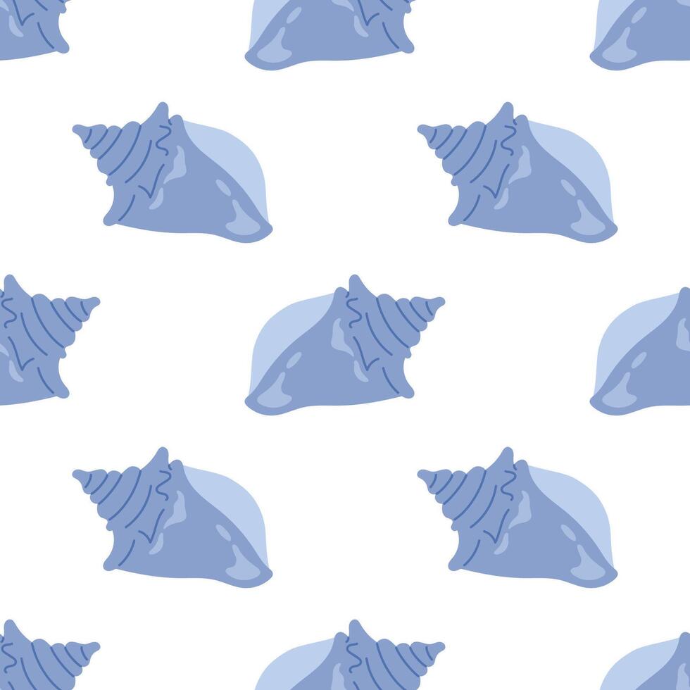 Seamless pattern with blue seashells on white. For summer textiles and beach designs. vector
