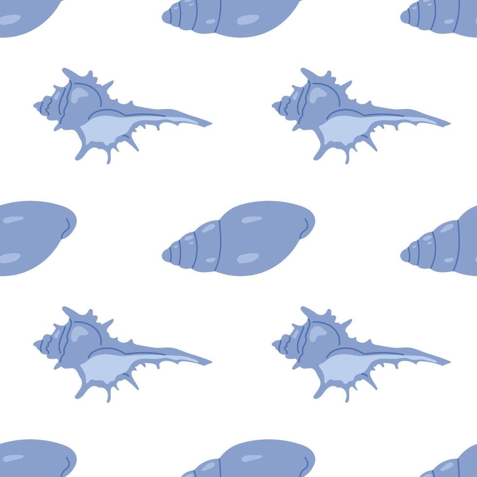 Seamless pattern with blue seashells on white. For summer textiles and beach designs vector