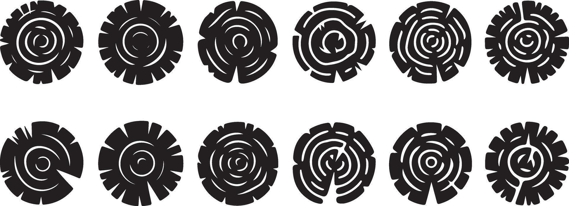 Set of black silhouette tree rings and wood grain cross section icons vector