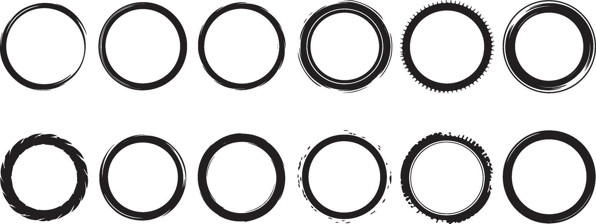 Set of hand drawn grunge circle frames, distressed round borders, and abstract ring shapes vector