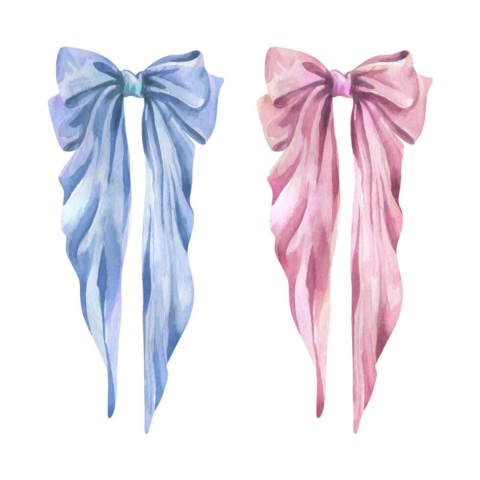 Watercolor illustration of two satin, silk, textile bows coquette with long tails, hand painted in flowing pink and blue tones, conveying graceful movement and romantic elegance for graphic use. vector