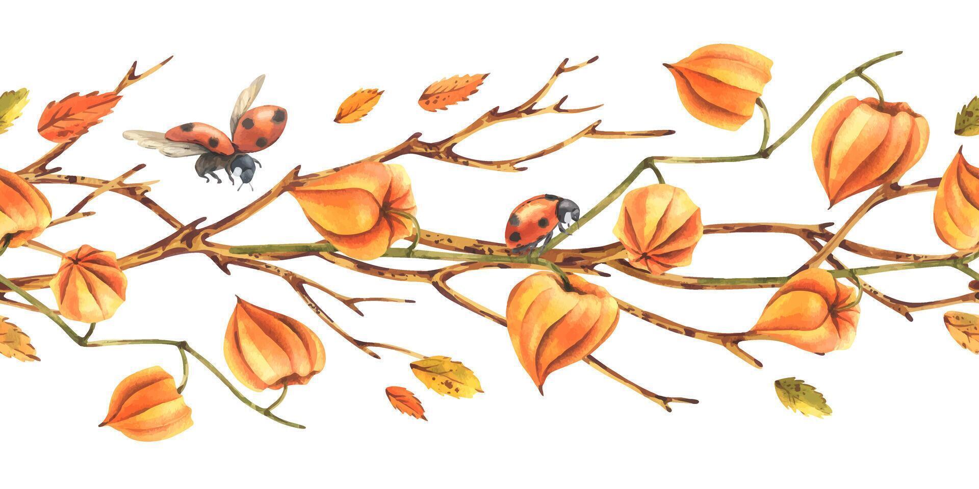 Autumn branch with ladybugs and orange leaves vector