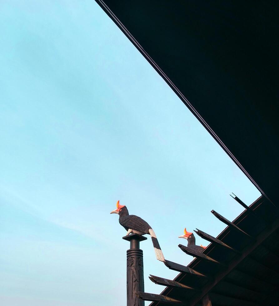 two birds on top of a roof with a blue sky photo