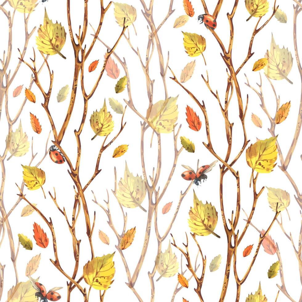 Autumn leaves and insects on branches pattern vector