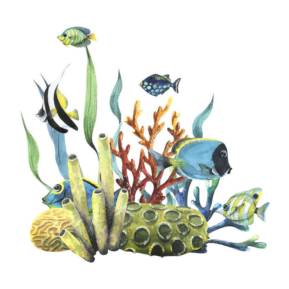 Coral reef with colorful fish and plants vector