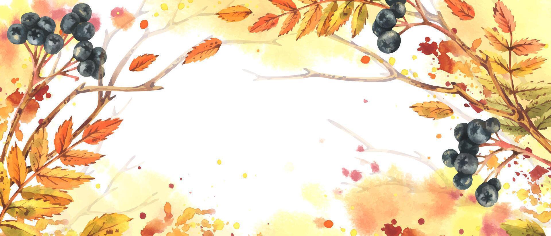 Autumn leaves and berries watercolor design vector