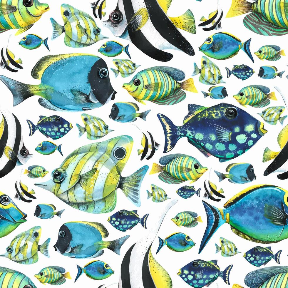 Bright tropical fish on a white background. Watercolor illustration. Seamless pattern. For decoration and design of fabrics, textiles, wallpaper, clothing, banners, covers, packaging paper. vector