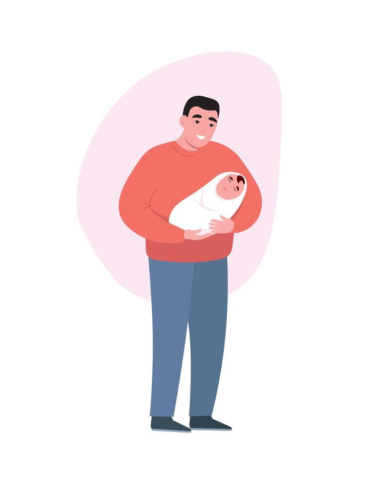 Dad holds baby in his arms. Father takes care of newborns. flat graphics. vector