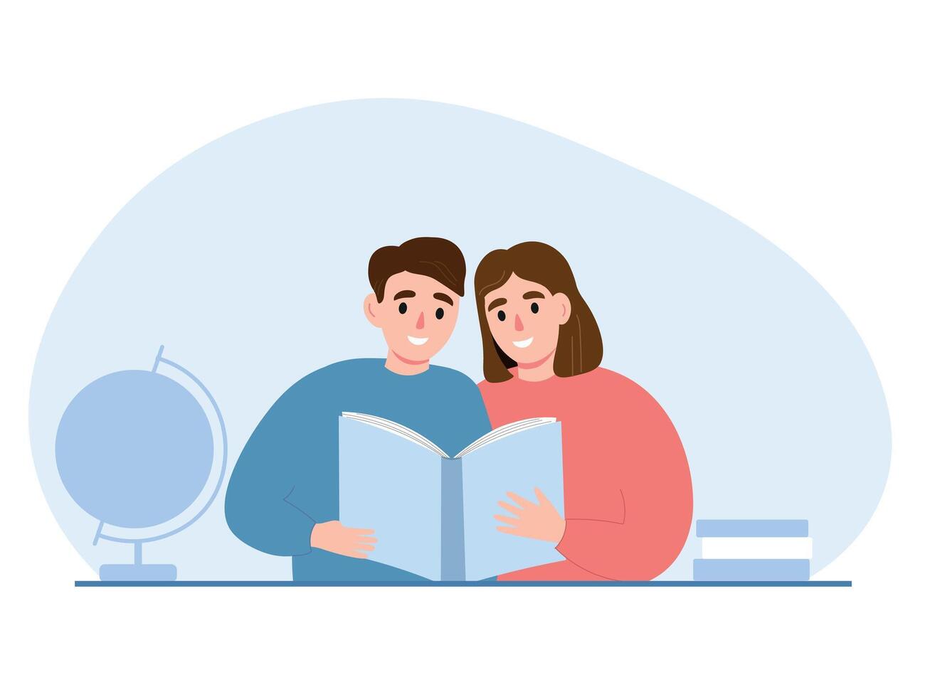 Students sitting at the table with a book in class. flat graphics. vector