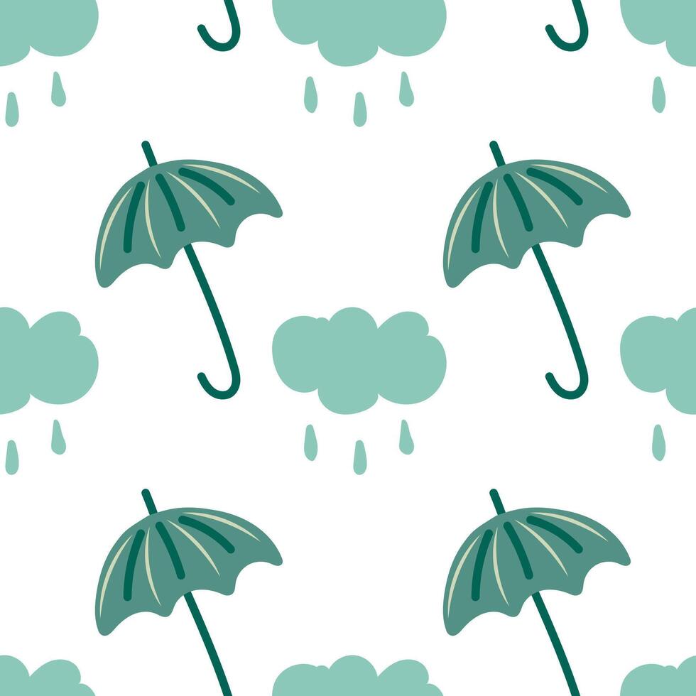 Cloud with drops of rain and umbrella. Rainy seamless pattern. vector
