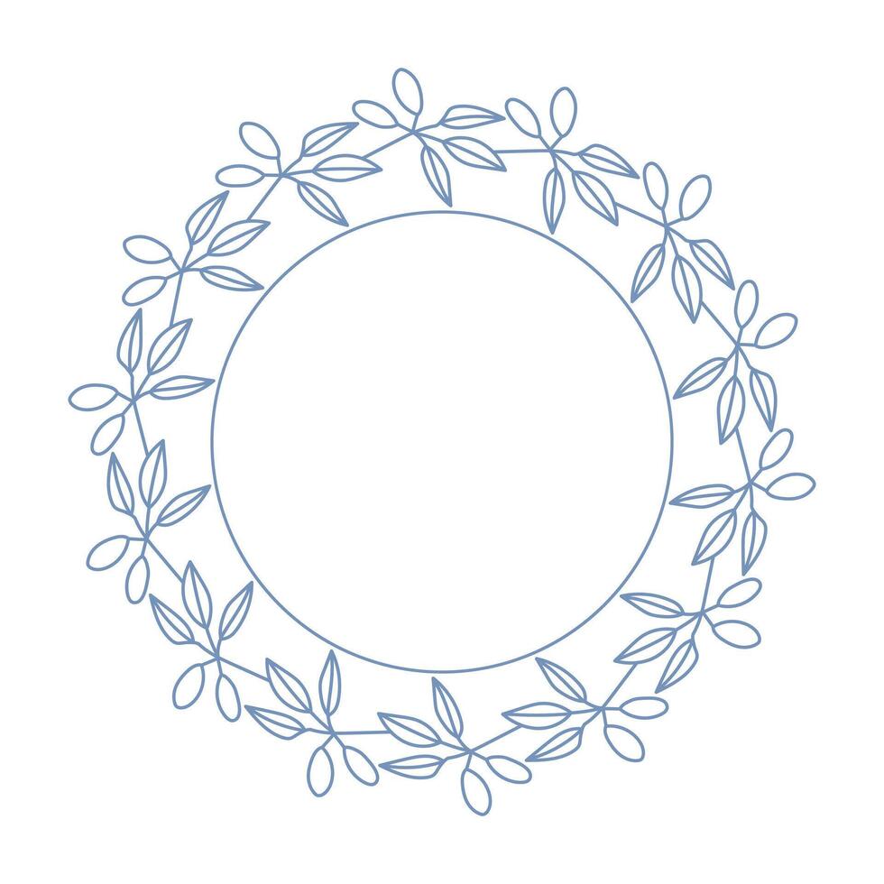 Blue olive branch wreath on white background. Botanical round frame template. vector