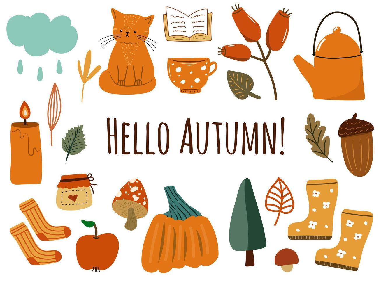 Hello autumn doodle set with cozy cat, pumpkin, mug and fall icons vector