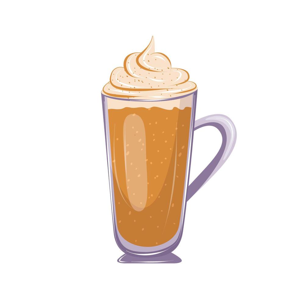 Pumpkin spice latte coffee cup for autumn menu or greeting card design. Coffee with whipped cream. Isolated illustration. vector