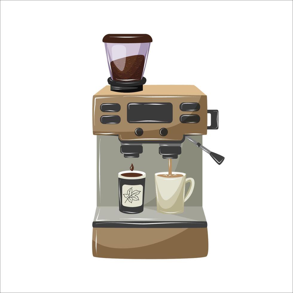Modern coffee machine brewing two cups of coffee. Espresso maker with cups, coffee beans in grinder and milk frother. Isolated illustration. vector