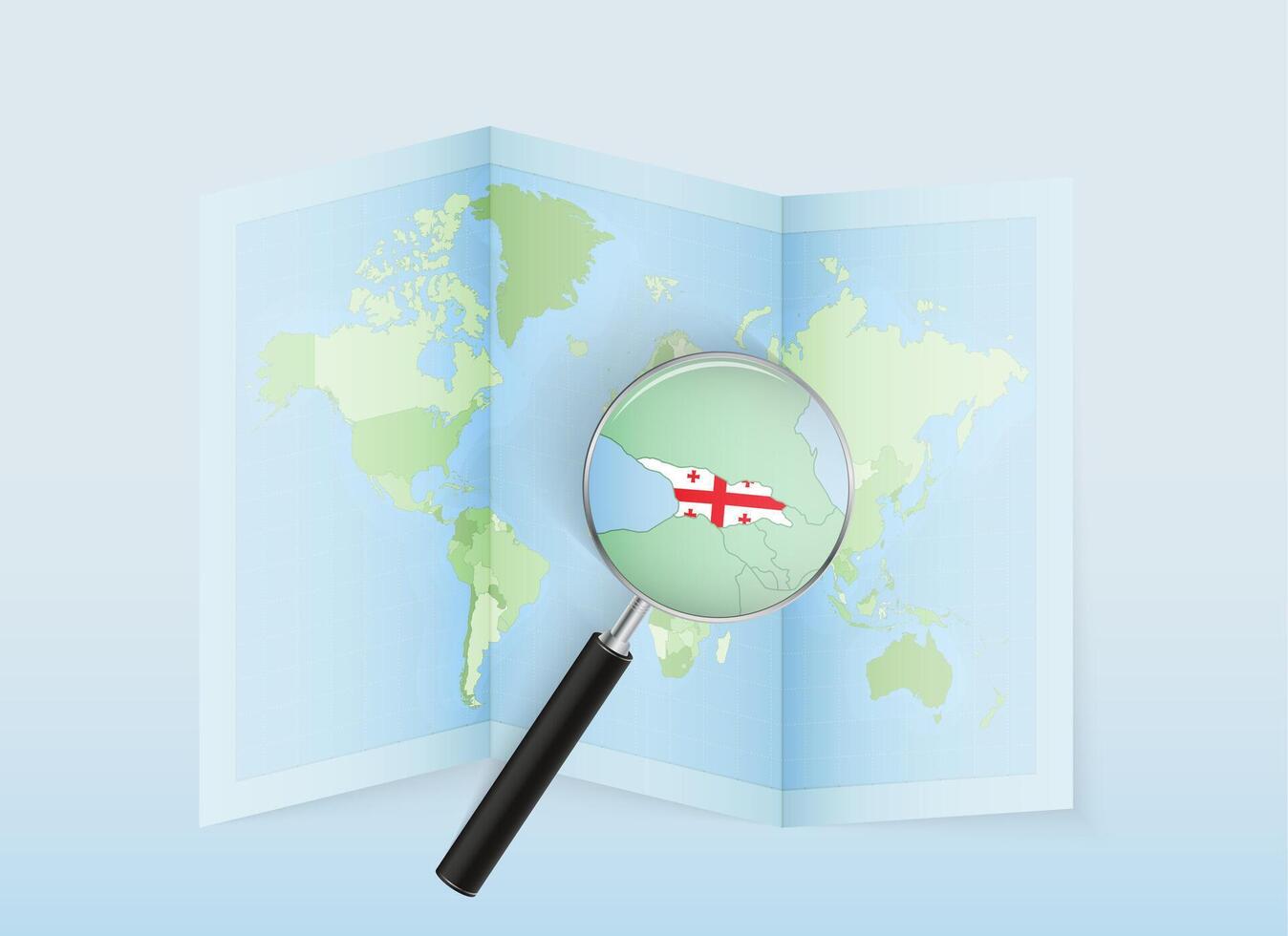 A folded world map with a magnifying lens pointing towards Georgia. Map and flag of Italy in loupe. vector