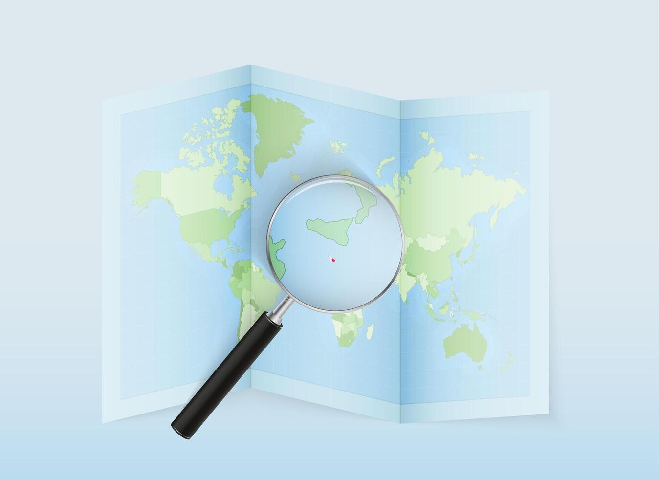 A folded world map with a magnifying lens pointing towards Malta. Map and flag of Italy in loupe. vector