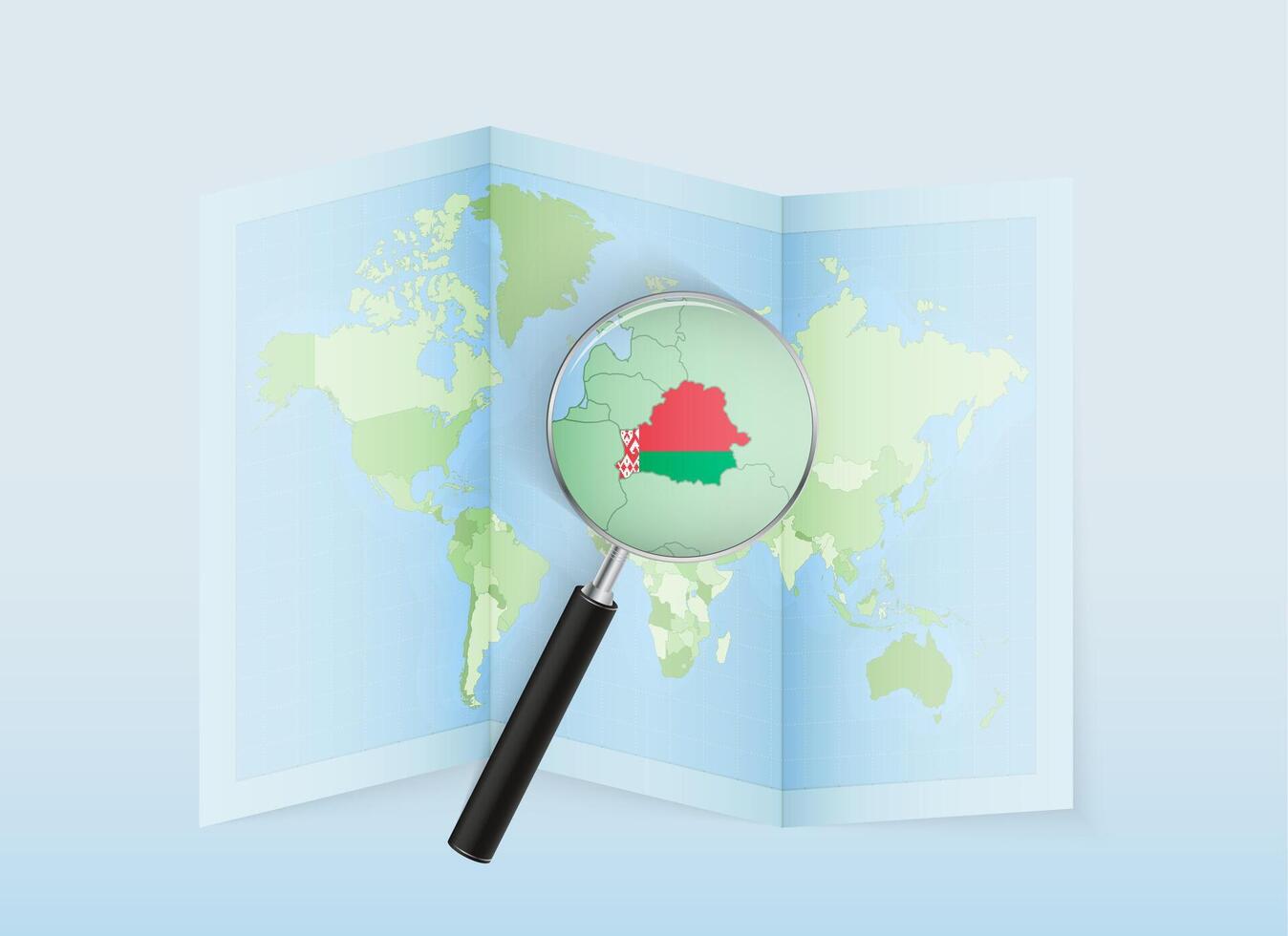 A folded world map with a magnifying lens pointing towards Belarus. Map and flag of Italy in loupe. vector