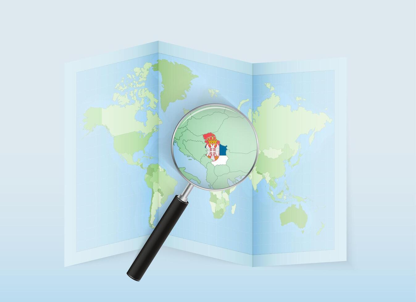 A folded world map with a magnifying lens pointing towards Serbia. Map and flag of Italy in loupe. vector
