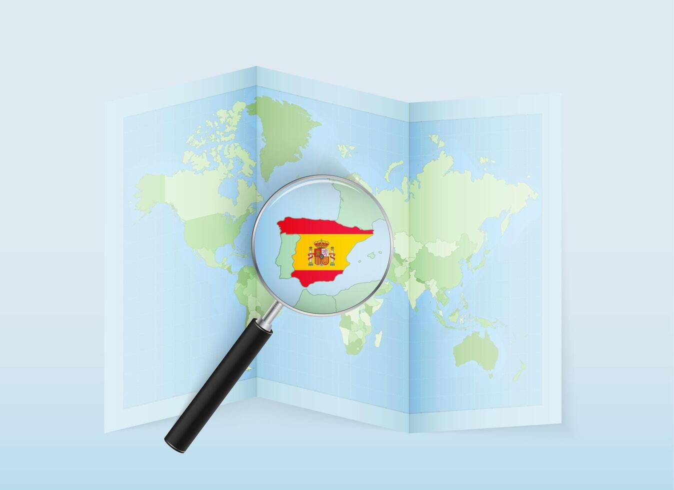 A folded world map with a magnifying lens pointing towards Spain. Map and flag of Italy in loupe. vector