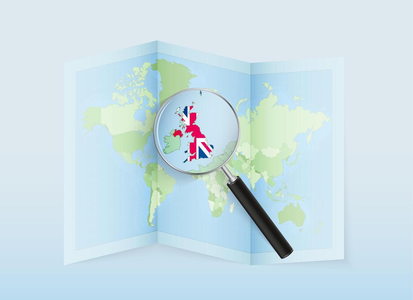 A folded world map with a magnifying lens pointing towards United Kingdom. Map and flag of Italy in loupe. vector