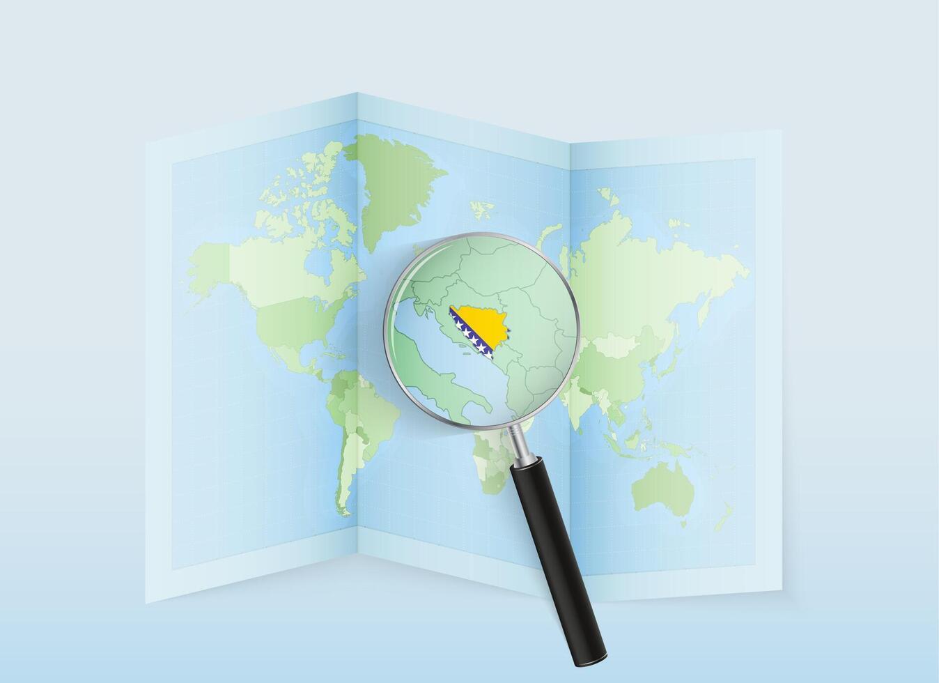 A folded world map with a magnifying lens pointing towards Bosnia and Herzegovina. Map and flag of Italy in loupe. vector