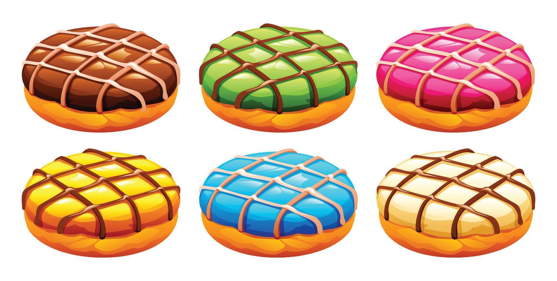 Colorful iced doughnuts assortment vector