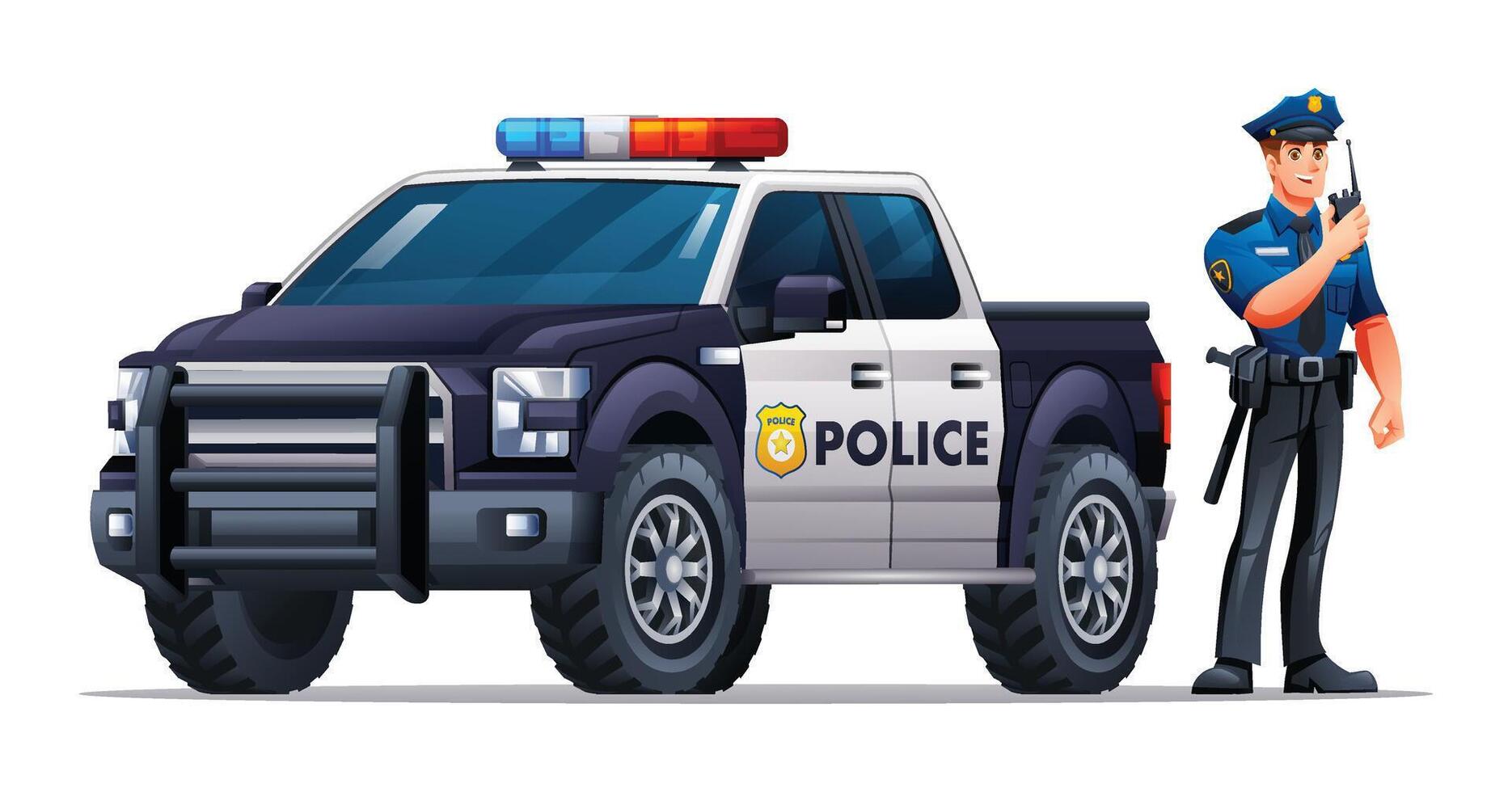 Cartoon police officer with patrol truck vector