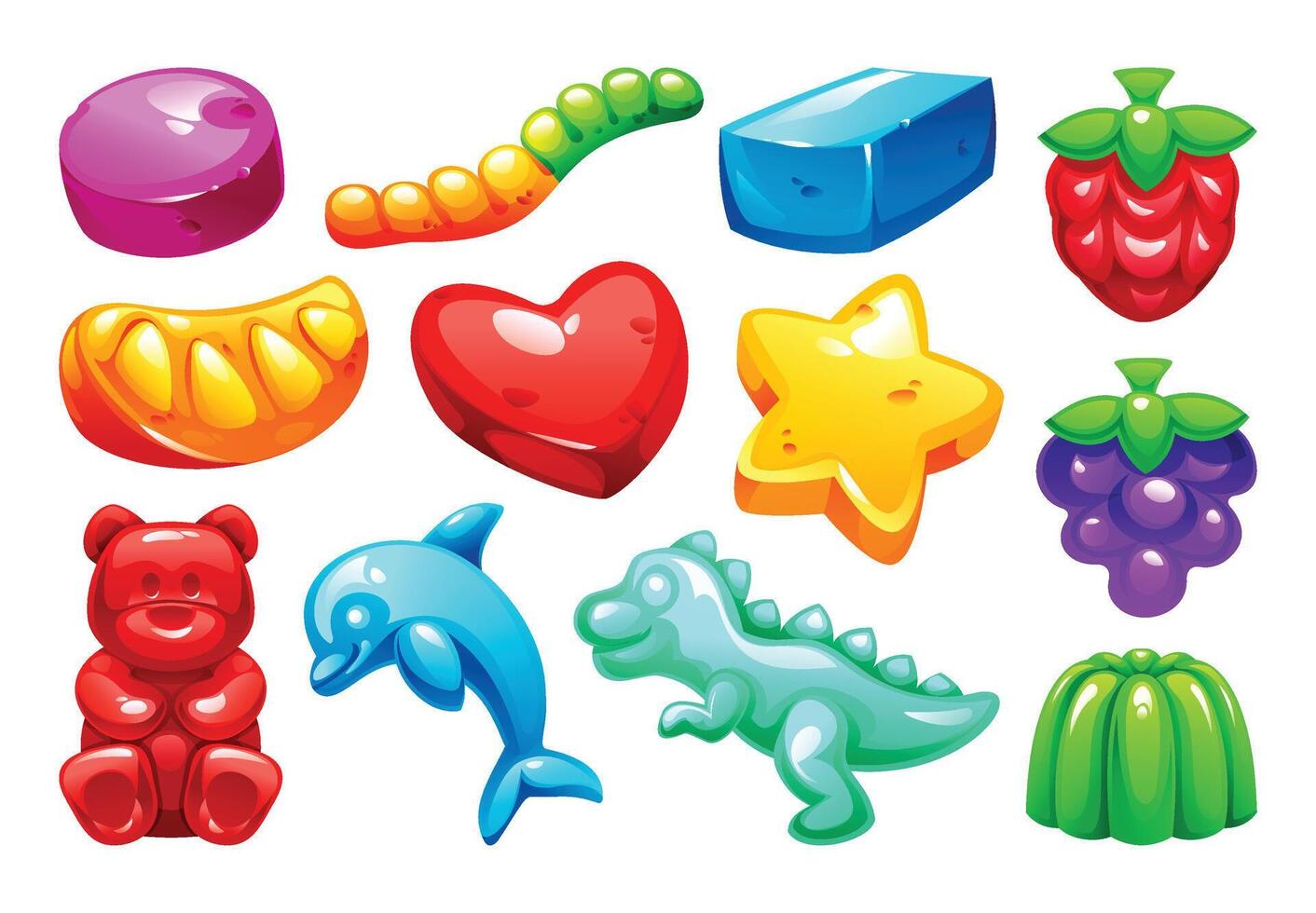 Assortment of colorful gummy candies in various fun shapes including animals, fruits, heart, and star. cartoon illustration vector