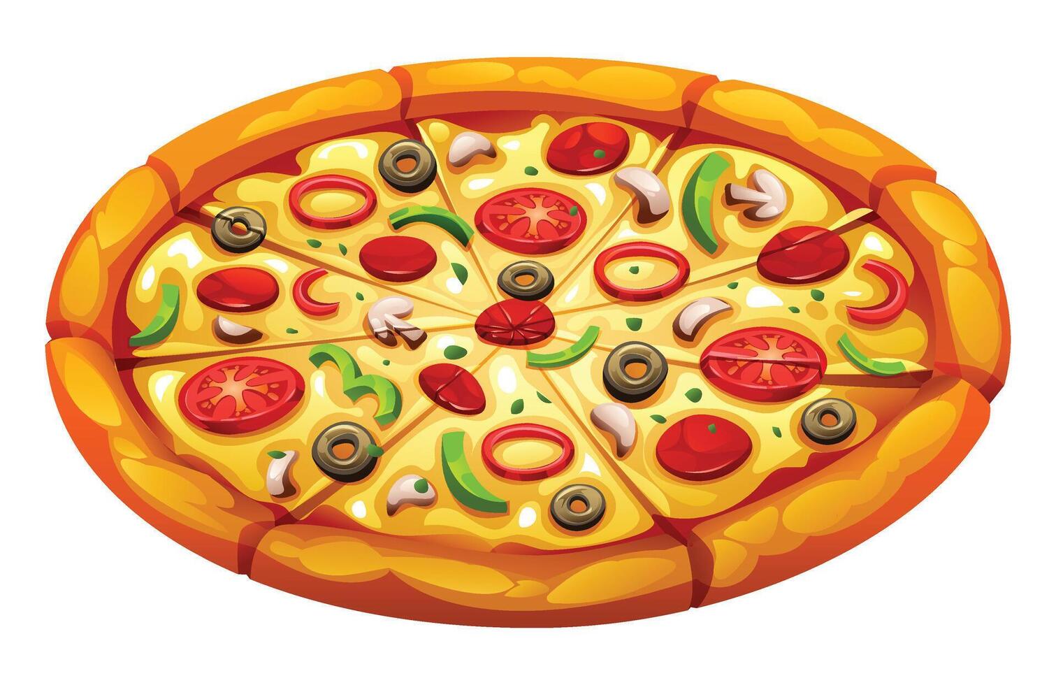 Whole supreme pizza, sliced and covered with various toppings like vegetables and pepperoni. Cartoon illustration vector