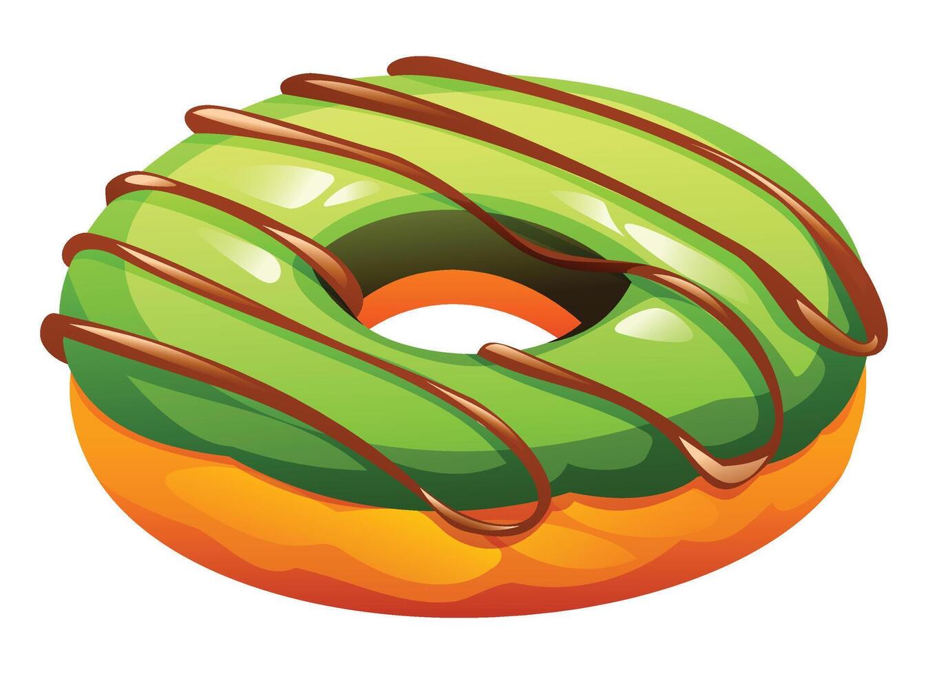 Matcha flavored donut with green glaze and rich chocolate drizzle on a white background. Cartoon illustration vector