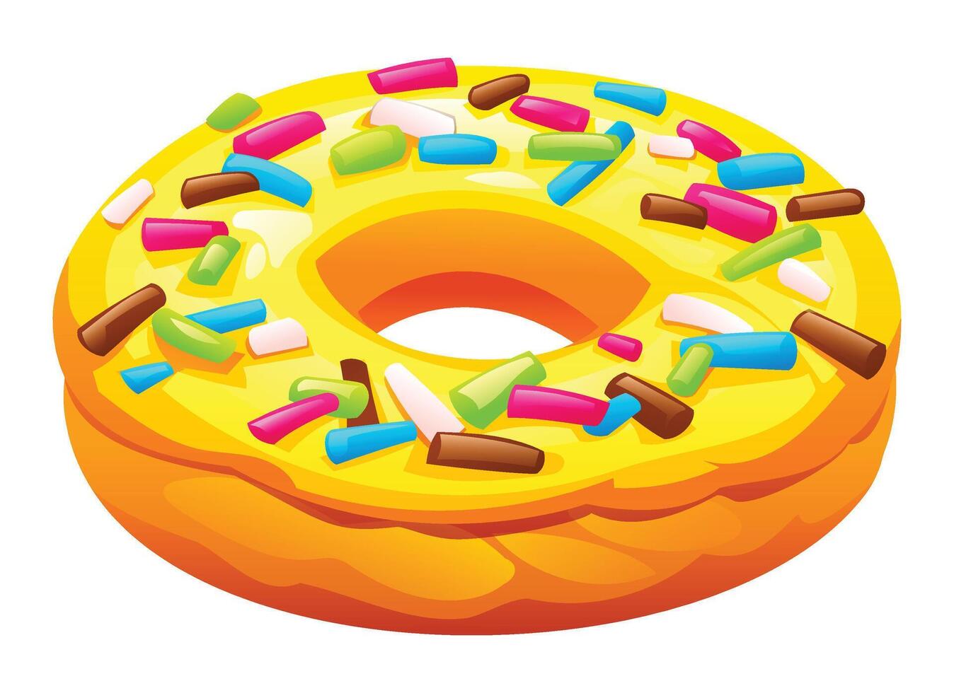 Yellow glazed donut topped with colorful sprinkles on a white background. Cartoon illustration vector
