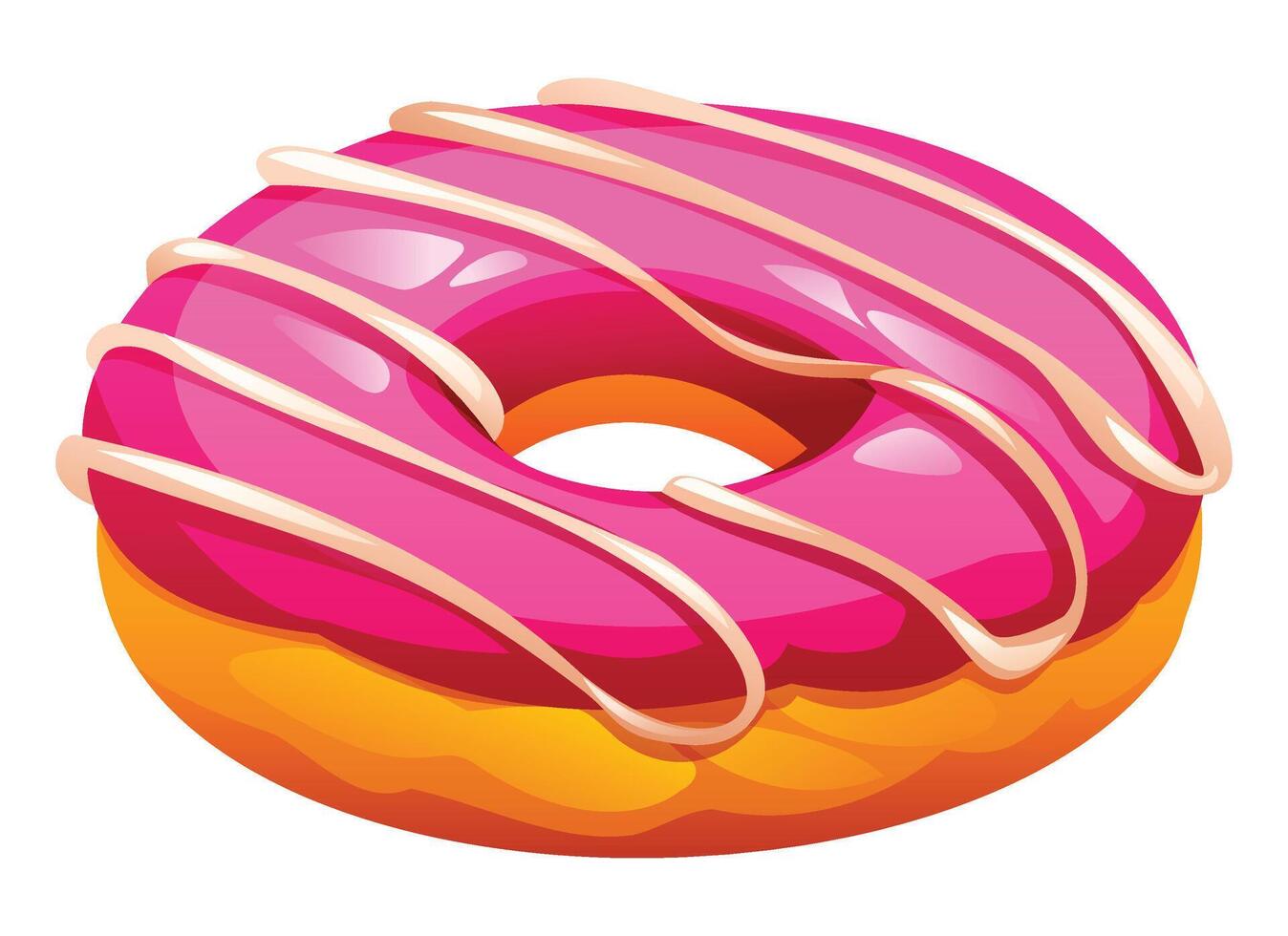 Strawberry flavored donut with pink glaze and smooth vanilla drizzle on a white background. Cartoon illustration vector