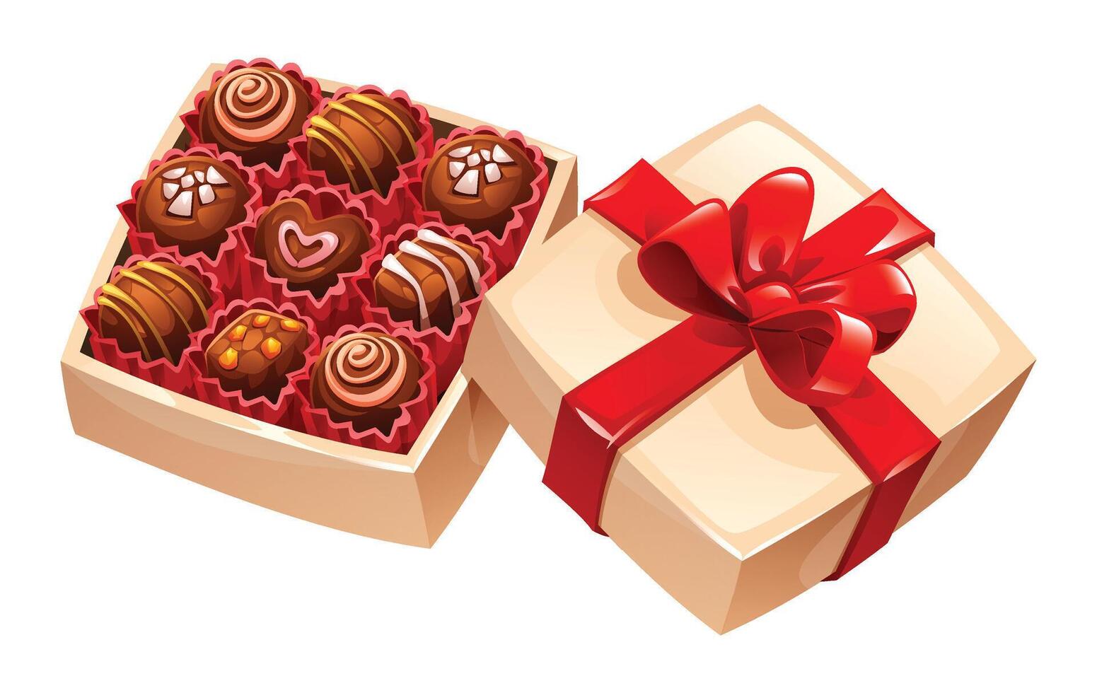 Open beige box of assorted chocolates with a separate lid tied with a red ribbon. Perfect elegant gift. Cartoon illustration vector