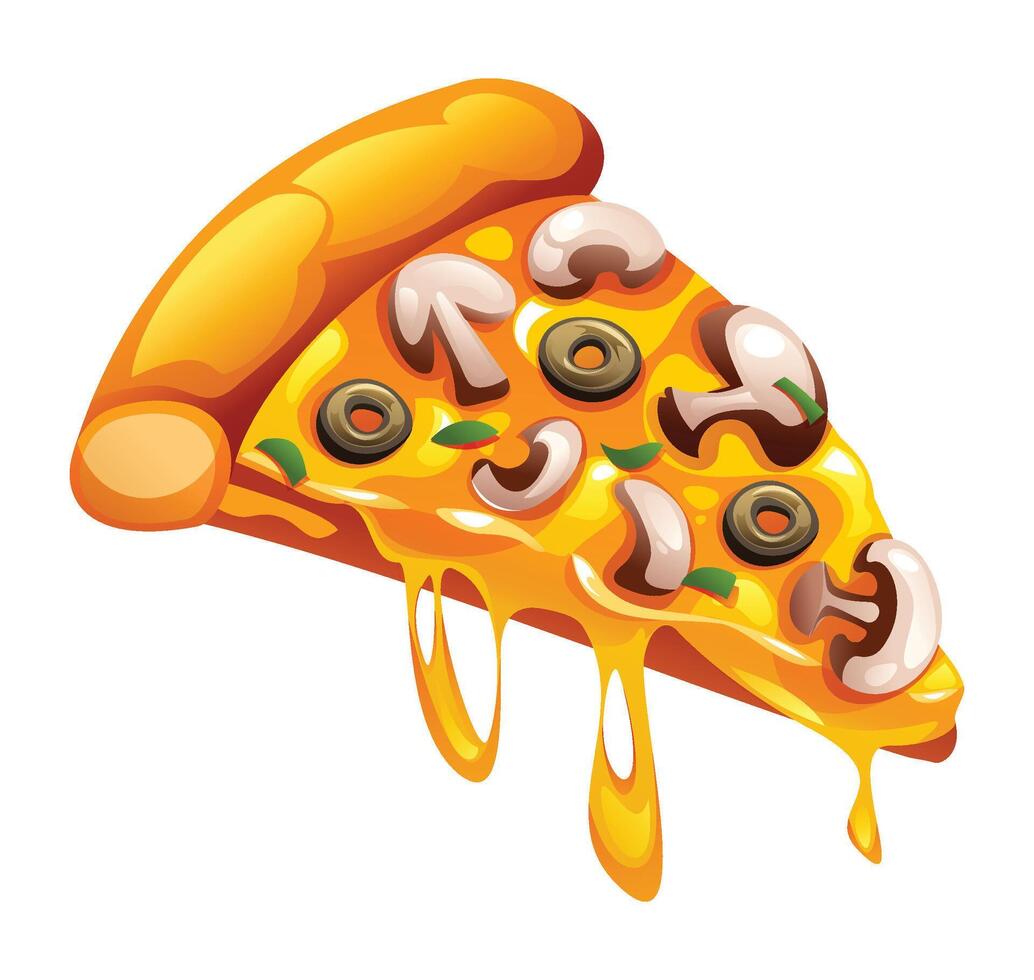 Delicious slice of mushroom and olive pizza with melting cheese on a white background. Cartoon illustration vector