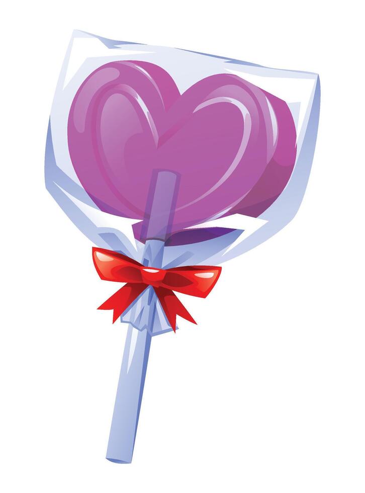 Heart-shaped lollipop in clear wrapper with red bow, a sweet symbol of love and affection. cartoon illustration vector