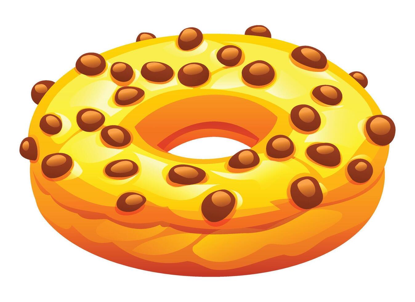 Donut with yellow glaze and chocolate ball toppings on a white background. Cartoon illustration vector