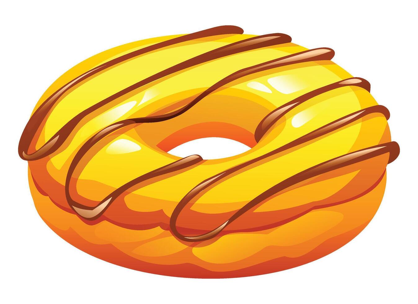 Donut with yellow glaze and flowing chocolate drizzle on a white background. Cartoon illustration vector