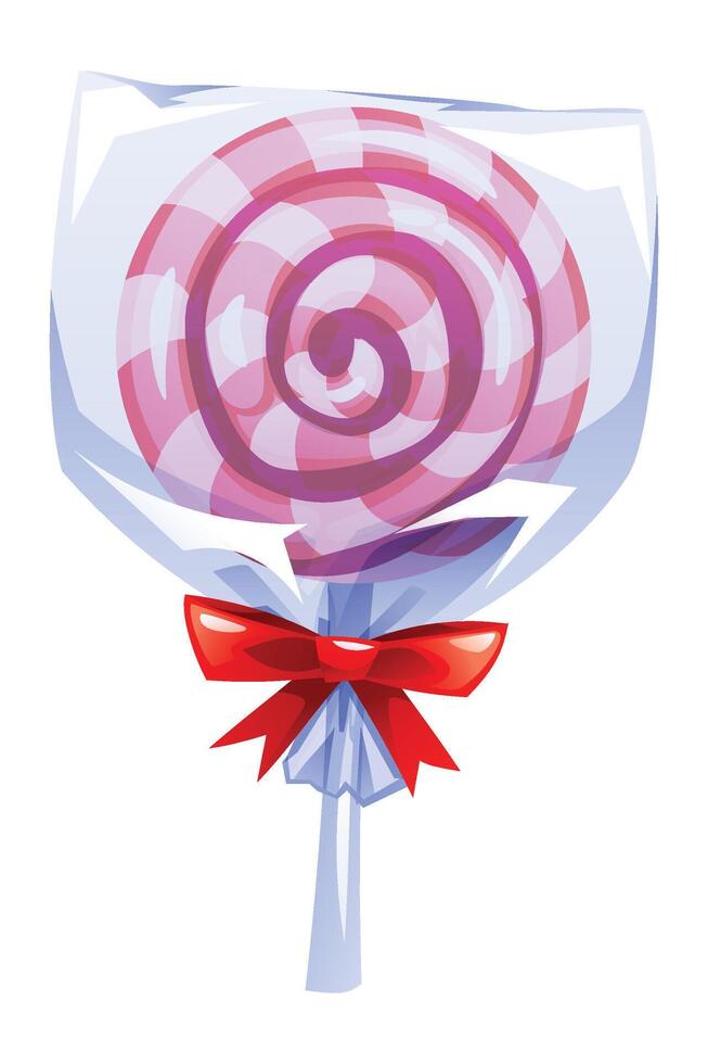 Swirled pink and white lollipop in clear wrapper with red bow, perfect for gifts or parties. cartoon illustration vector