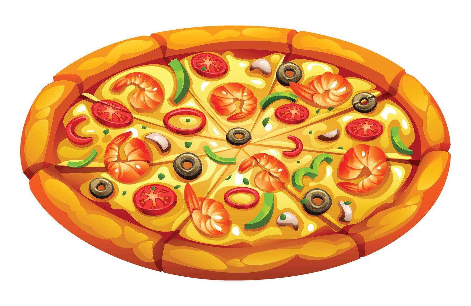 Whole seafood pizza, sliced and covered with shrimp, olives, and bell peppers, on a white background. Cartoon illustration vector