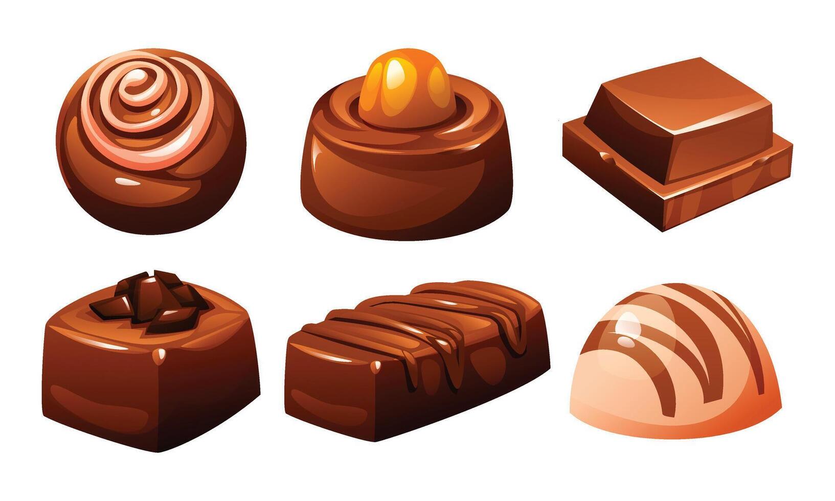 Collection of various individual gourmet chocolates, showcasing different shapes and toppings. Decadent and delicious treats. Cartoon illustration vector