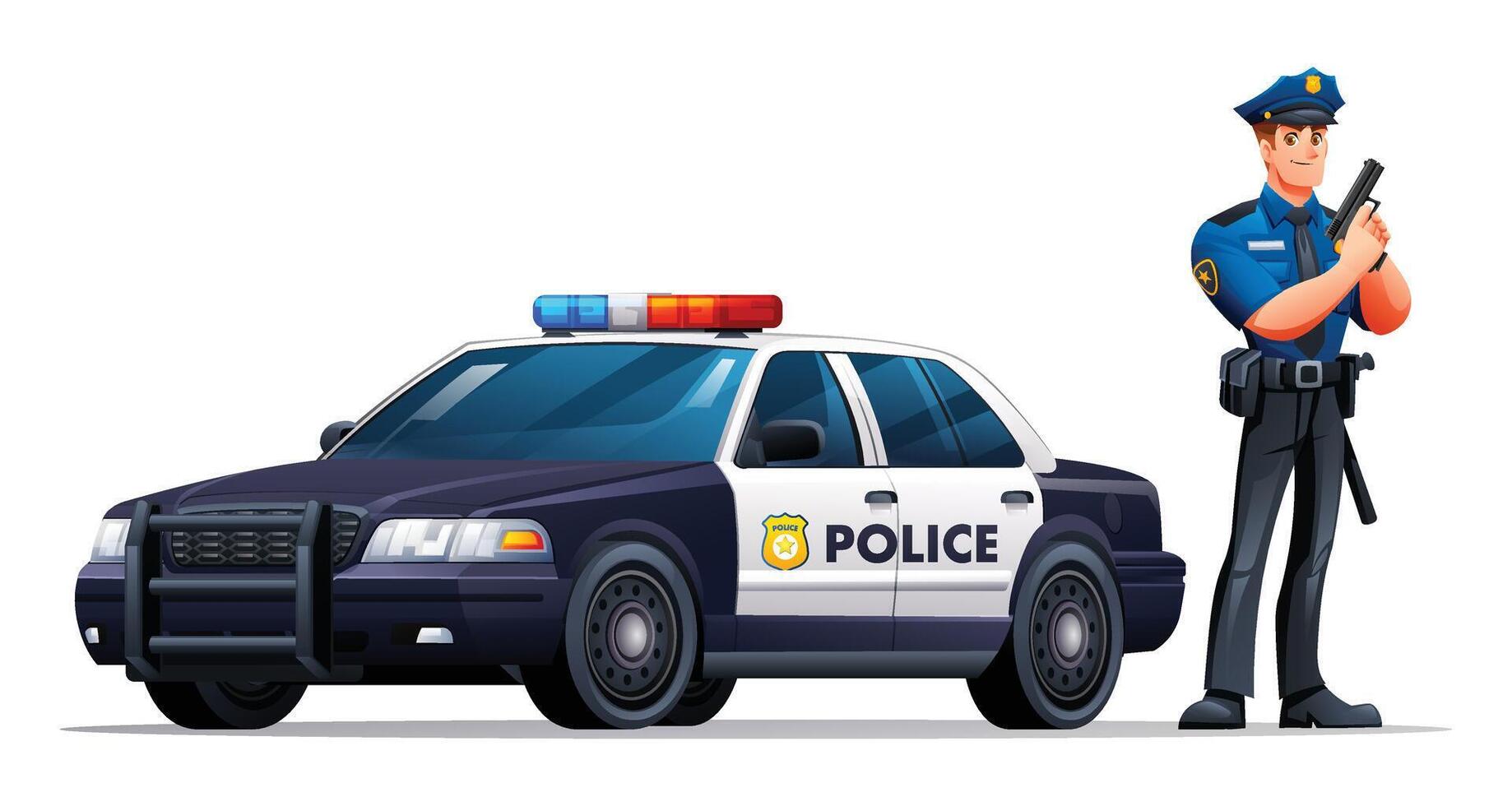 Police officer in uniform standing next to a patrol car holding a gun. Cartoon illustration vector