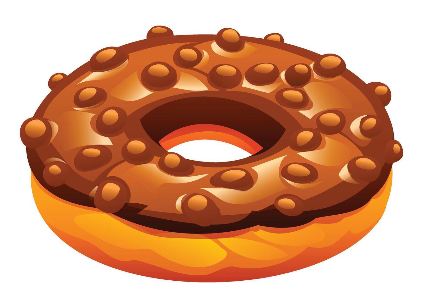 Chocolate donut with glaze and chocolate ball toppings on a white background. Cartoon illustration vector