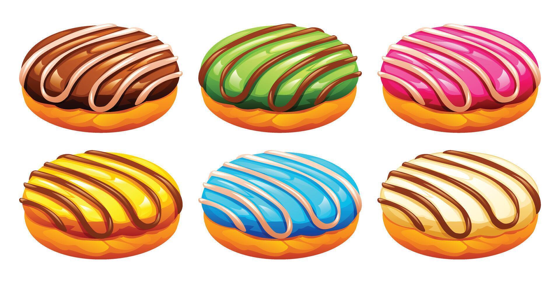 Variety of sweet donuts with colorful strawberry, matcha, banana, vanilla, and blueberry icing and striped patterns. Cartoon illustration vector