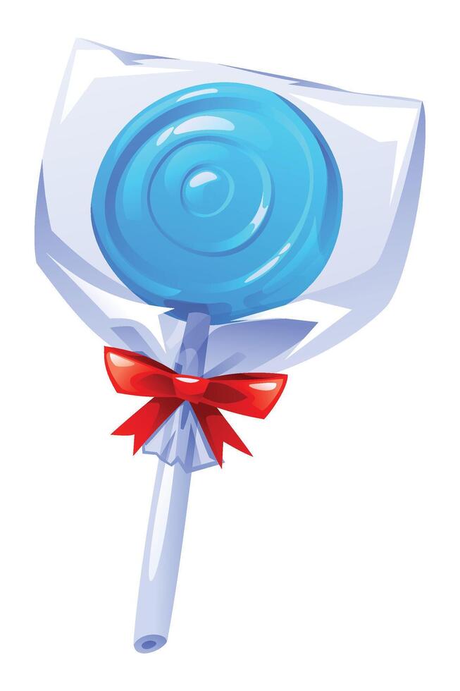Blue round lollipop in clear plastic wrapper with a decorative red bow. cartoon illustration vector