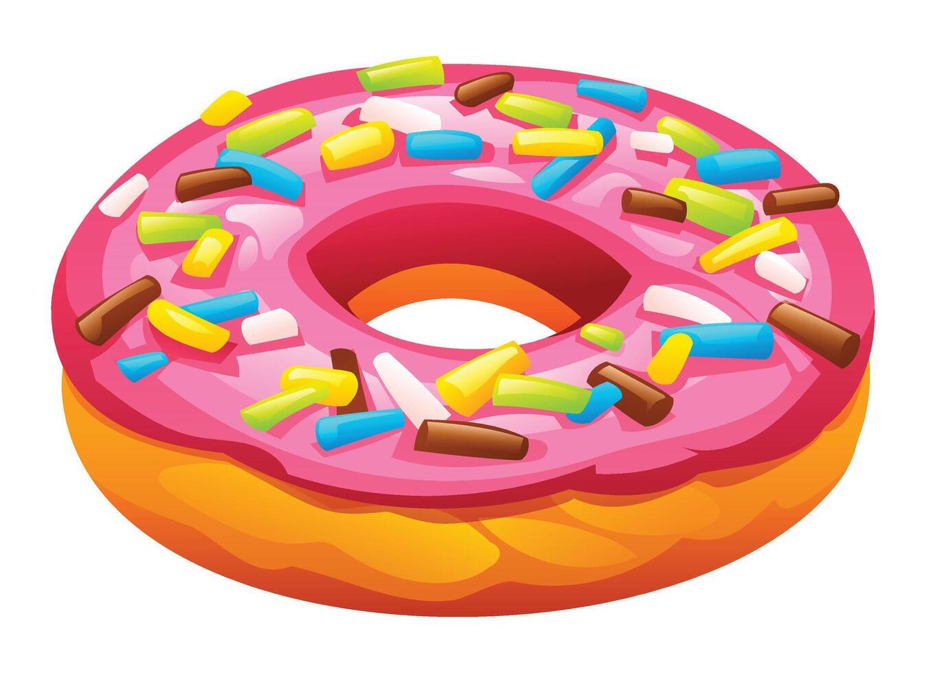 Delicious strawberry pink glazed donut covered with various colorful sprinkles on a white background. Cartoon illustration vector