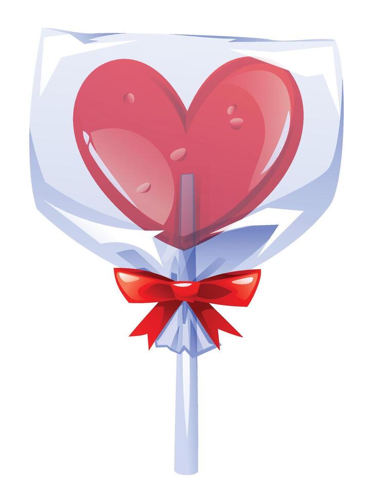 Red heart-shaped lollipop in clear wrapper with red bow, perfect for a romantic gesture or sweet gift. cartoon illustration vector