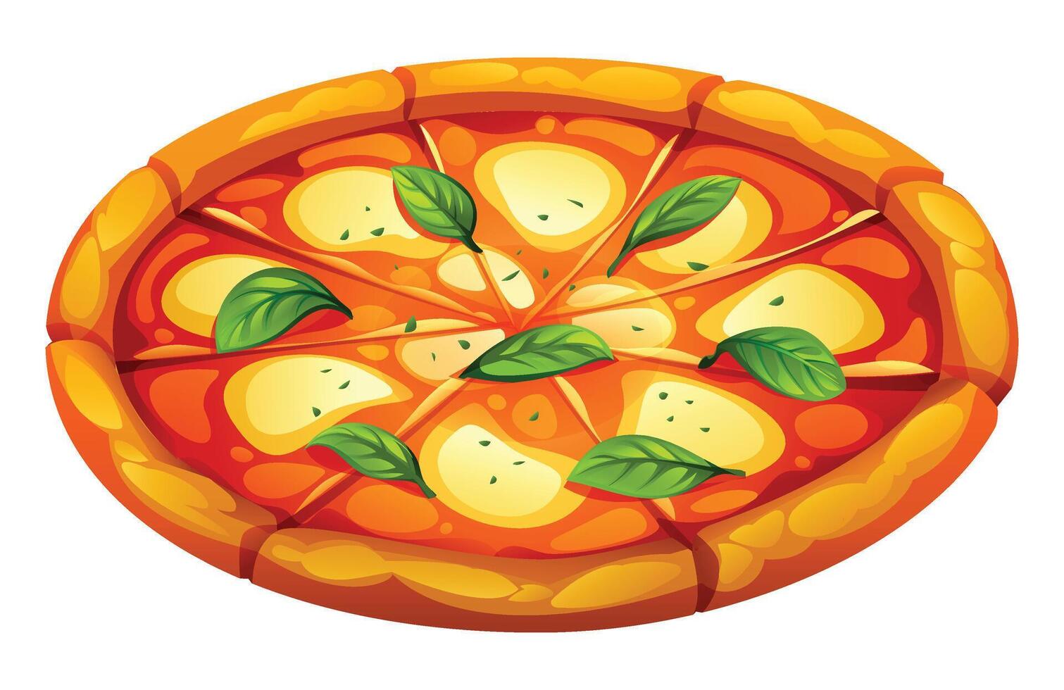 Whole classic Margherita pizza, sliced and topped with fresh basil leaves and melted cheese. Cartoon illustration vector